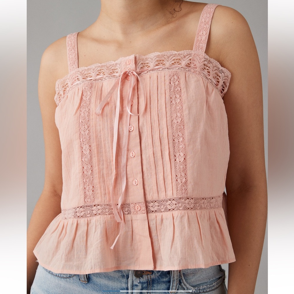 American Eagle Lace Pintuck Button Front Boho Tank Top Small Cami Crop Pink - Picture 11 of 12